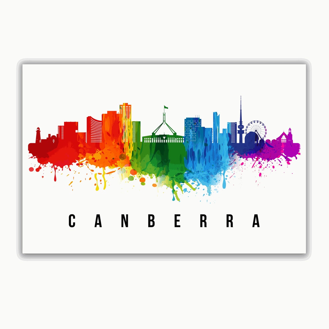 Canberra Australia Rainbow Watercolor Splash Skyline City Poster - Image 2