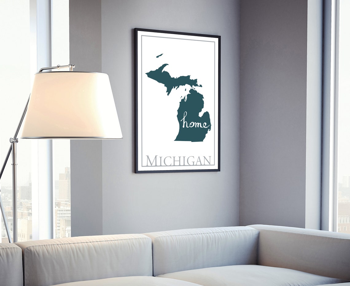 Michigan State Silhouette Home Script Teal Map Modern Travel Poster - Image 4