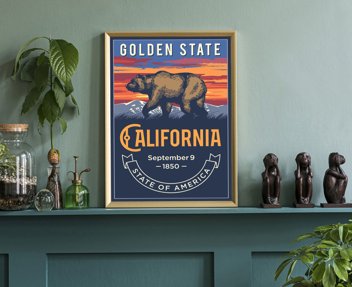 California Golden State Grizzly Bear Sunset Retro State Travel Poster - Image 2