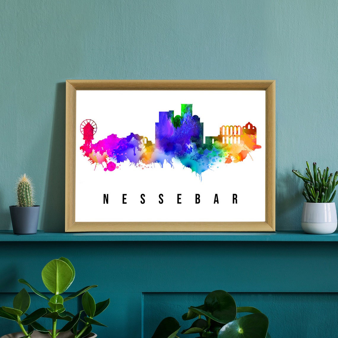Nessebar Bulgaria Watercolor Skyline Rainbow Landmark Travel Poster - Image 2