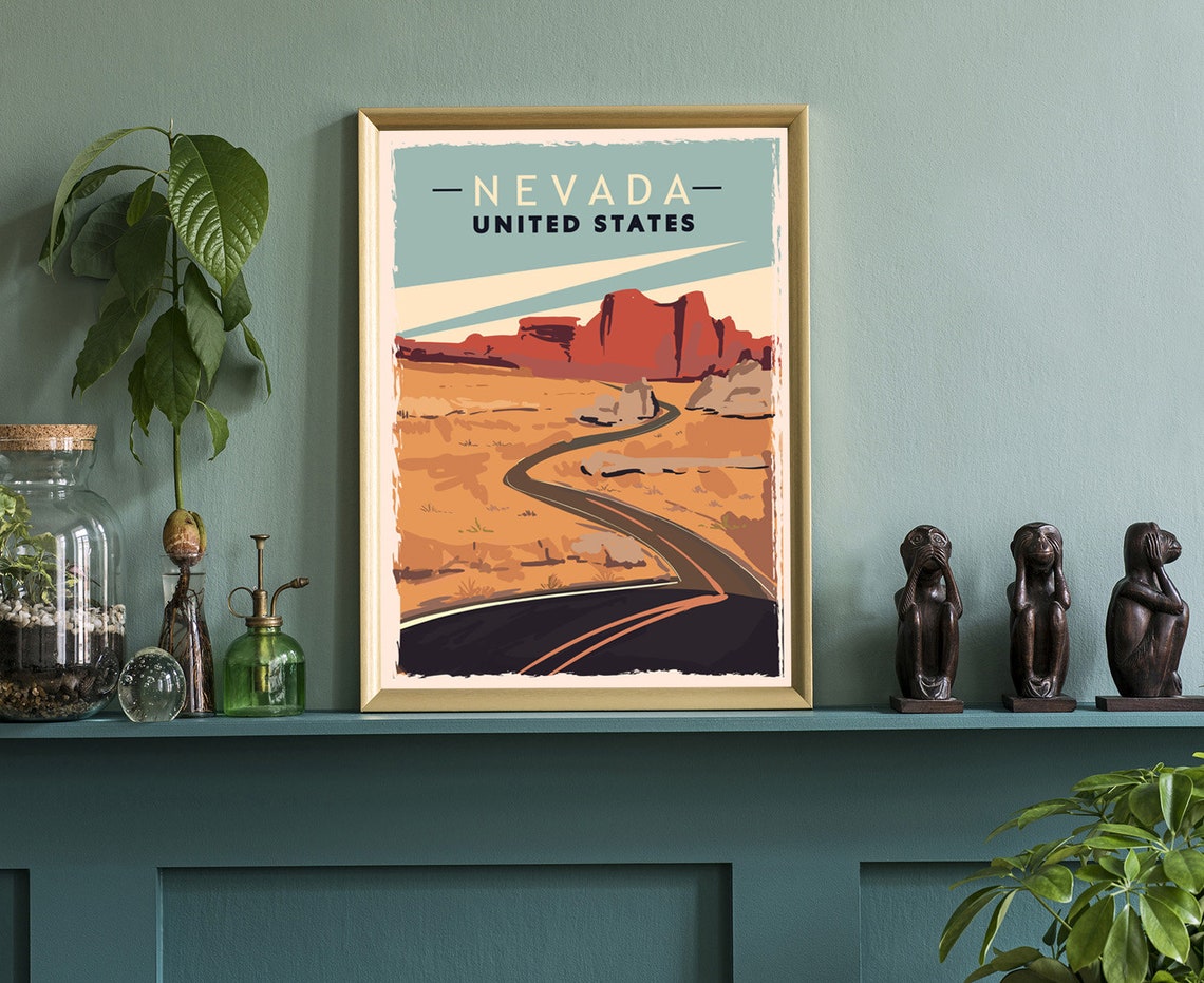 Nevada Desert Highway Red Rock Mesas Vintage Retro Travel Poster - Image 3