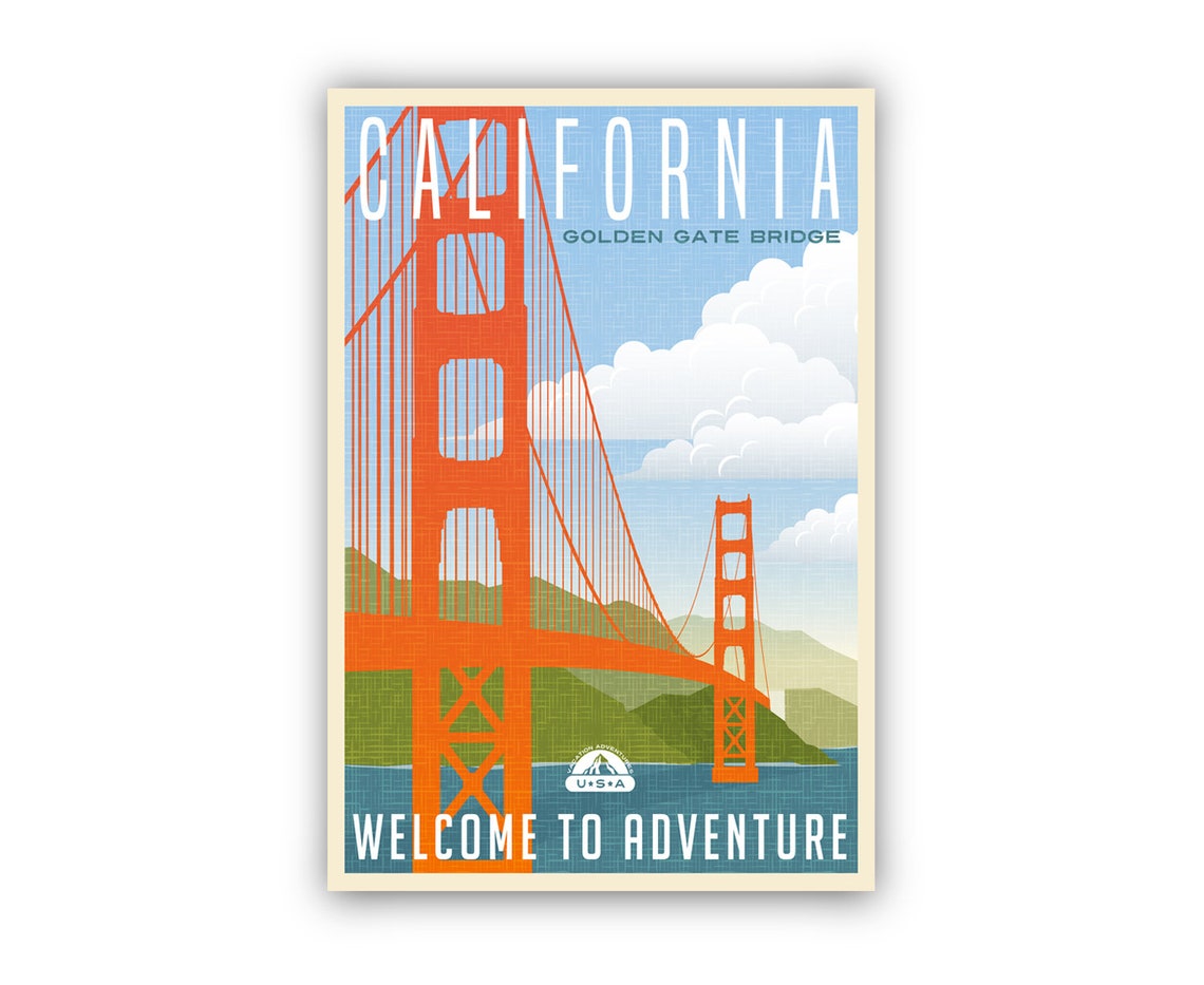 California Golden Gate Bridge Retro Vintage Travel Adventure Poster - Image 2