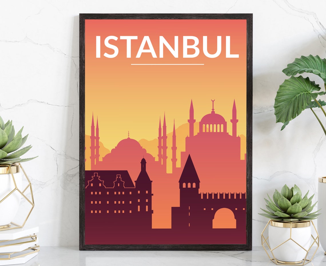 Istanbul Turkey Retro Mosque Minarets Sunset Silhouette Travel Poster