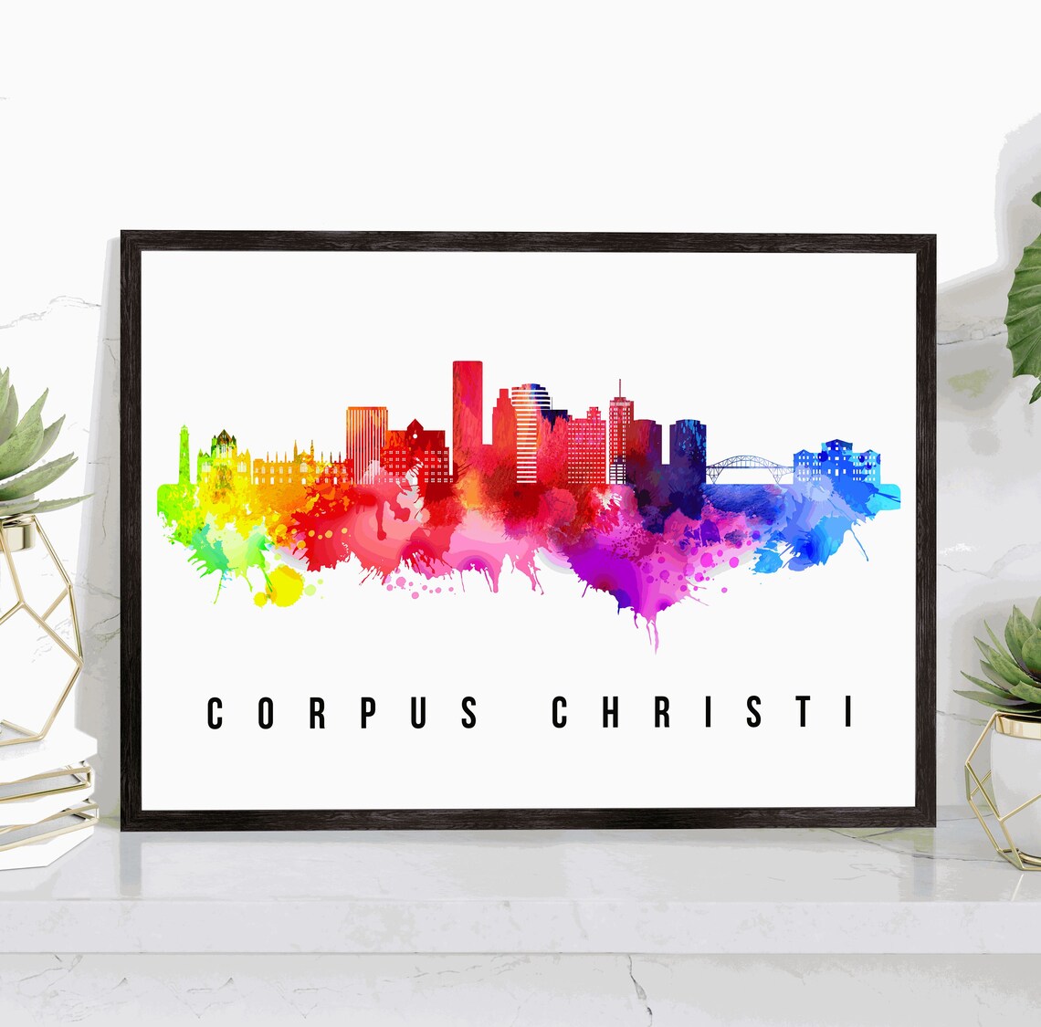 Corpus Christi Texas Rainbow Watercolor Skyline Cityscape Modern Wall Art Poster