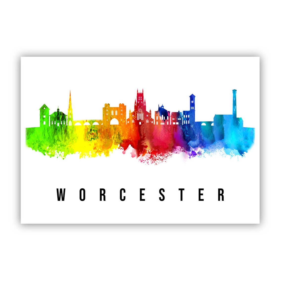 Worcester England Rainbow Watercolor Skyline Cityscape Poster - Image 2