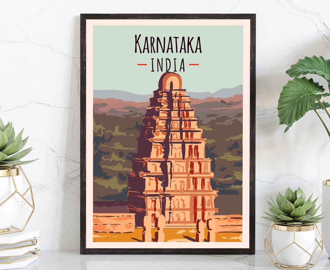 Karnataka India Ancient Temple Tower Landmark Retro Travel Poster