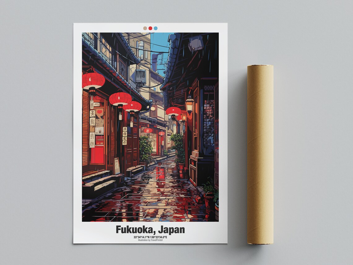 Fukuoka Japan Rainy Night Old Alley Glowing Red Lanterns Street Poster