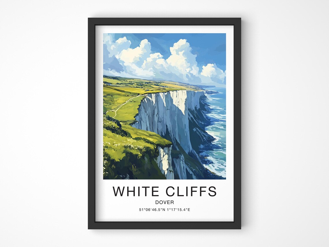 White Cliffs Dover England Travel Poster Chalk Cliffs Green Hills Art