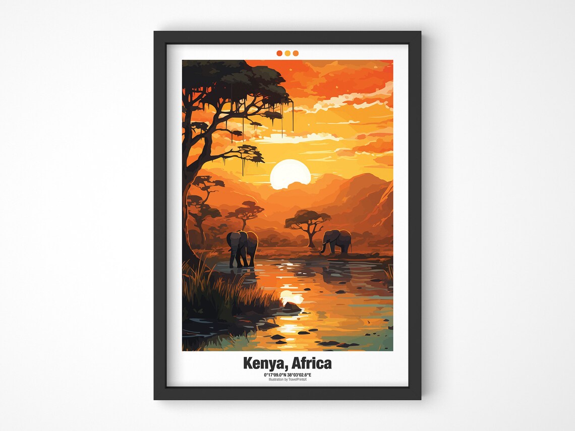 Kenya Africa Safari Sunset Elephants Acacia Waterhole Travel Poster