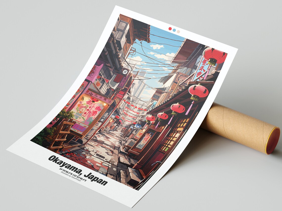 Okayama Japan Sunny Daytime Alley Hanging Red Lanterns Street Poster - Image 2