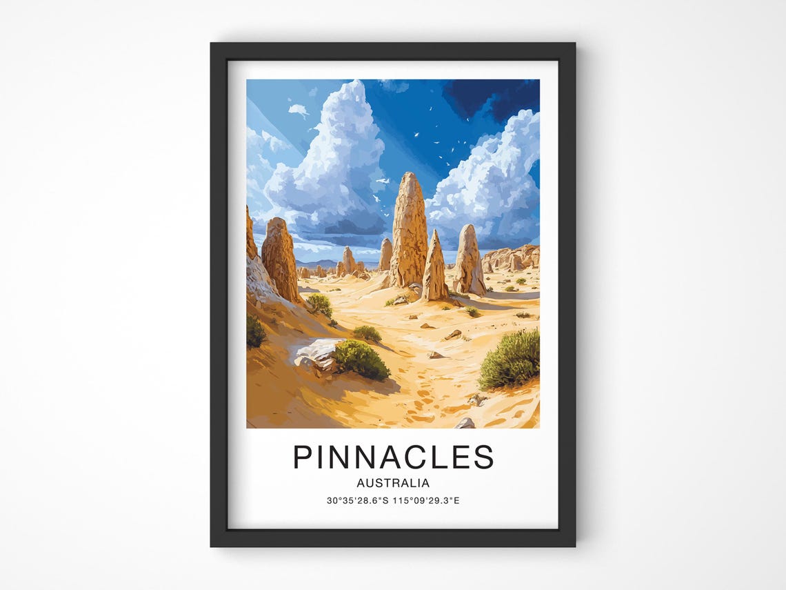 Pinnacles Australia Travel Poster Limestone Pillars Desert Sky Artwork