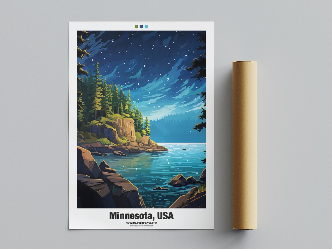 Minnesota USA Starry Night Sky Pine Forest Lakeshore Travel Poster - Image 4