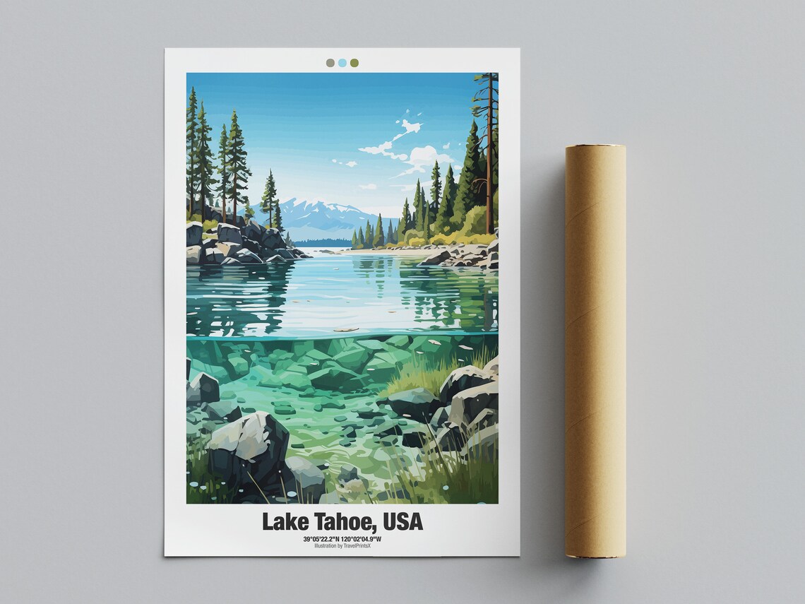 Lake Tahoe USA Clear Water Pine Shore Underwater Rocks Travel Poster