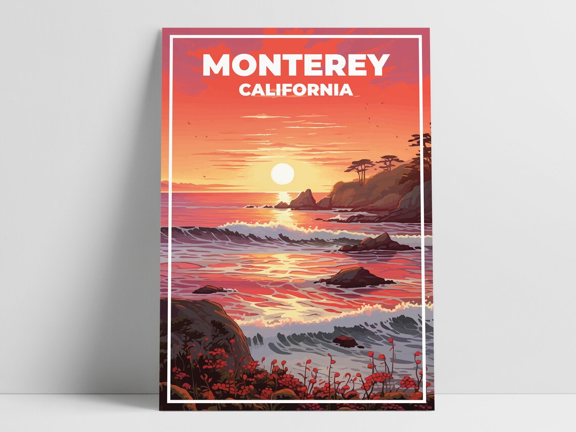 Monterey California Ocean Sunset Waves Red Sky Travel Poster - Image 3