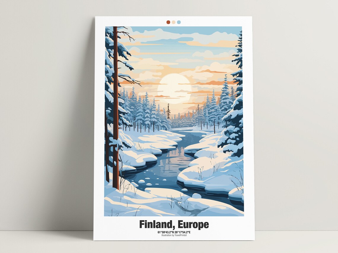 Finland Europe Snowy Pine Forest River Sunset Winter Travel Poster - Image 3
