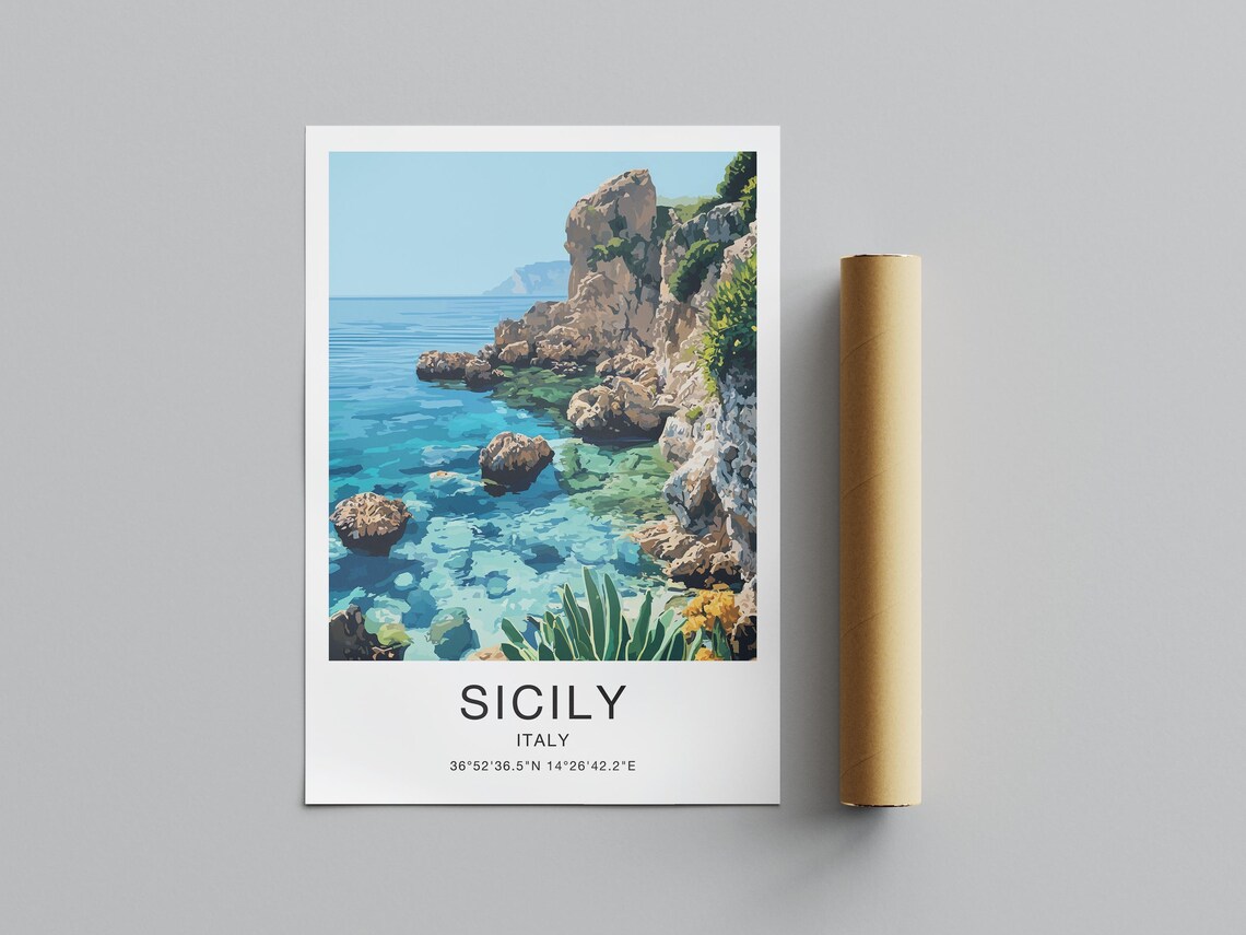 Sicily Italy Travel Poster Rocky Cove Turquoise Water Coast Artwork - Image 2