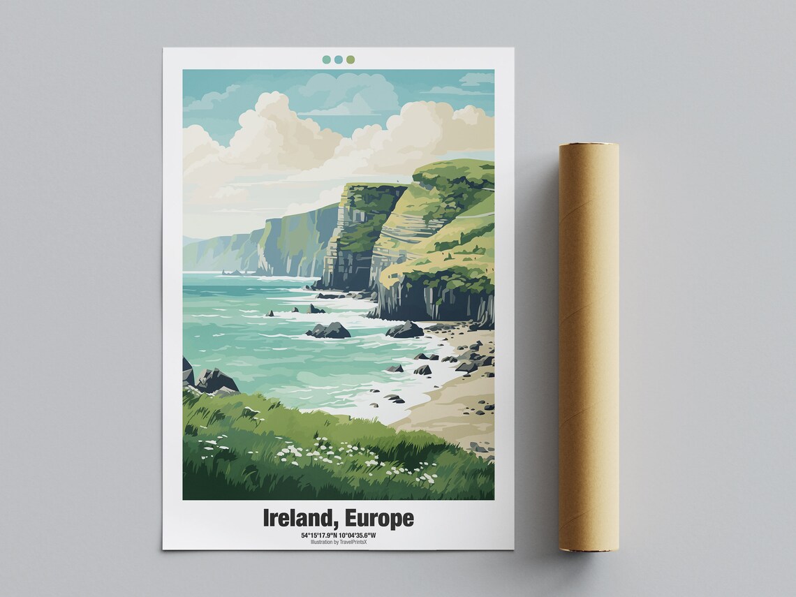 Ireland Europe Green Sea Cliffs Sandy Beach Coastal Wild Travel Poster