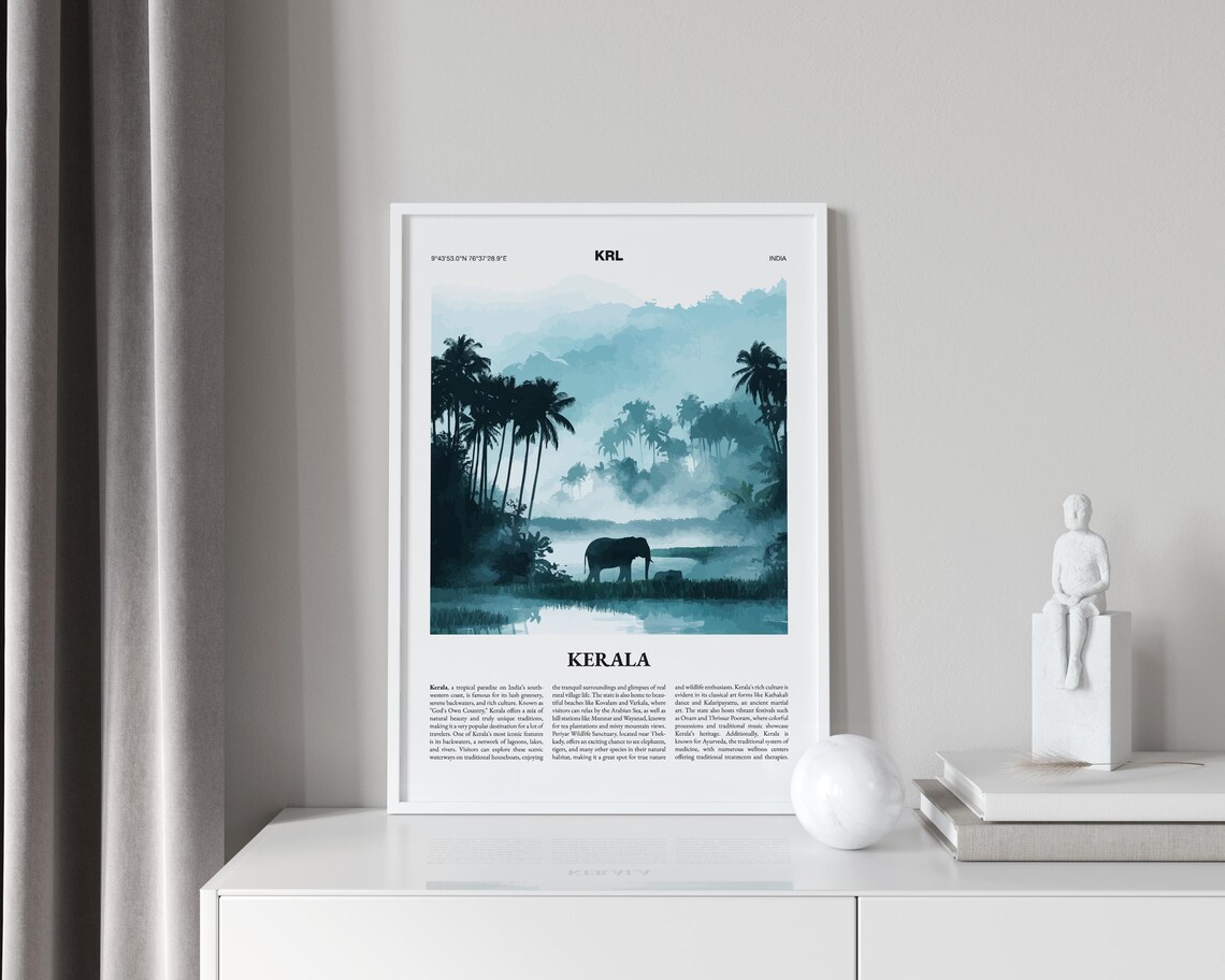 Kerala India Travel Poster City Guide Palms Elephant Misty Art - Image 2