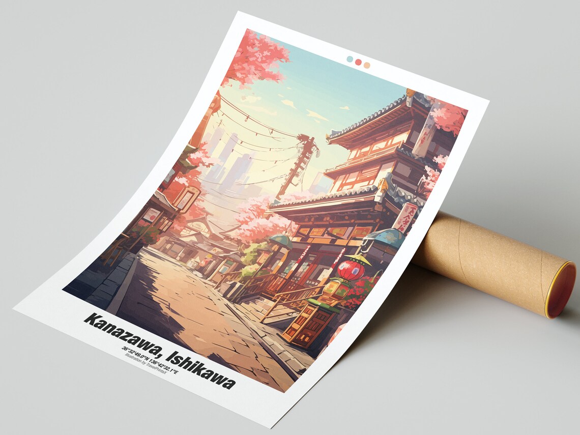 Kanazawa Ishikawa Japan Cherry Blossom Temple Street Travel Poster - Image 2