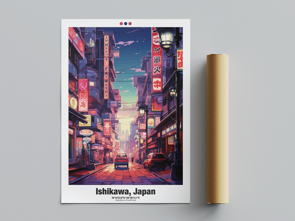 Ishikawa Japan Neon City Street Night Lights Urban Travel Poster - Image 4