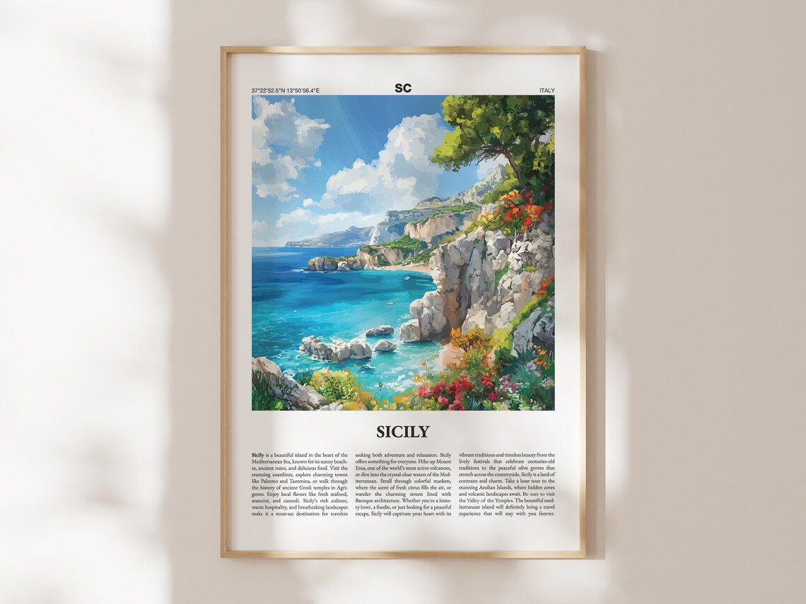 Sicily Italy Travel Poster City Guide Rocky Coast Flowers Artwork