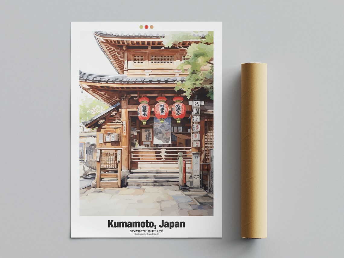Kumamoto Japan Watercolor Temple Gate Lanterns Travel Poster