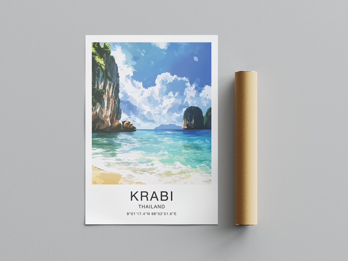 Krabi Thailand Travel Poster Limestone Karsts Beach Ocean Waves Art - Image 2