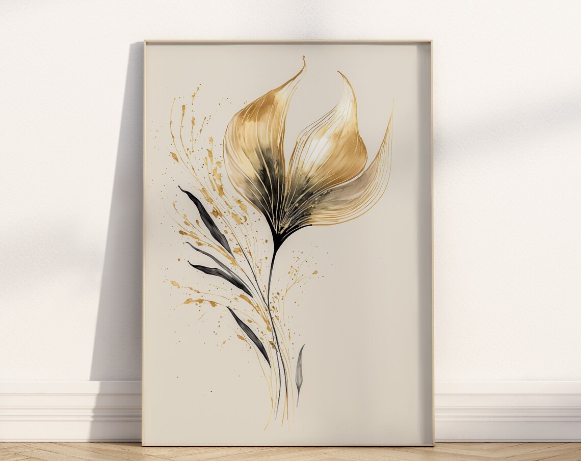 Golden Black Abstract Flower Elegant Botanical Floral Art Print