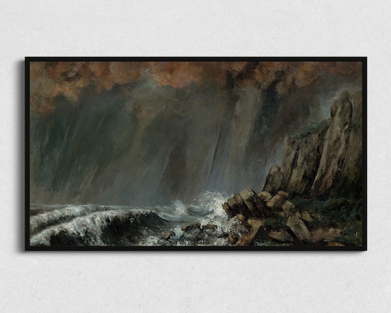 Stormy Sea Waves Crash Rocky Cliffs Dark Clouds Seascape Art Poster