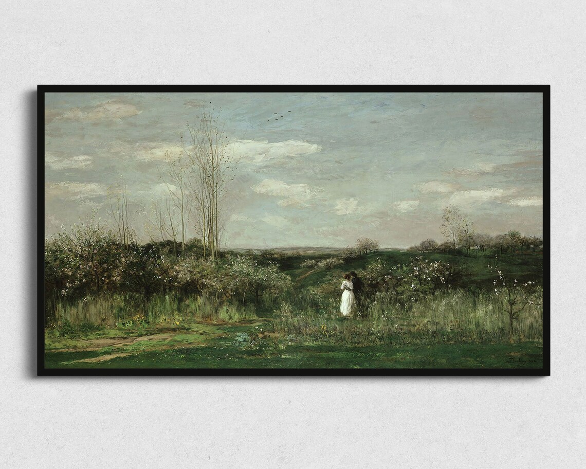 Couple Embracing Blossoming Orchard Vintage Landscape Painting Poster