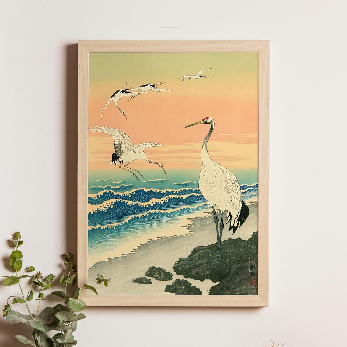 Ohara Koson Cranes on Seashore Sunset Japanese Woodblock Art Poster