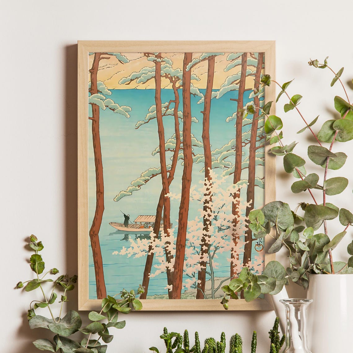 Cherry Blossoms Among Pines by Turquoise Water with Boatman Print