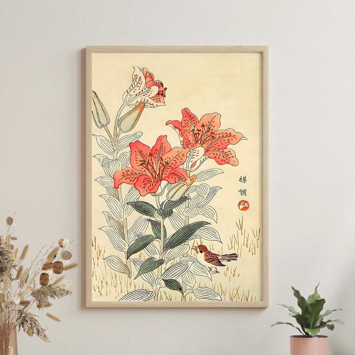 Tiger Lilies with Sparrow Japanese Bird and Flower Woodblock Poster