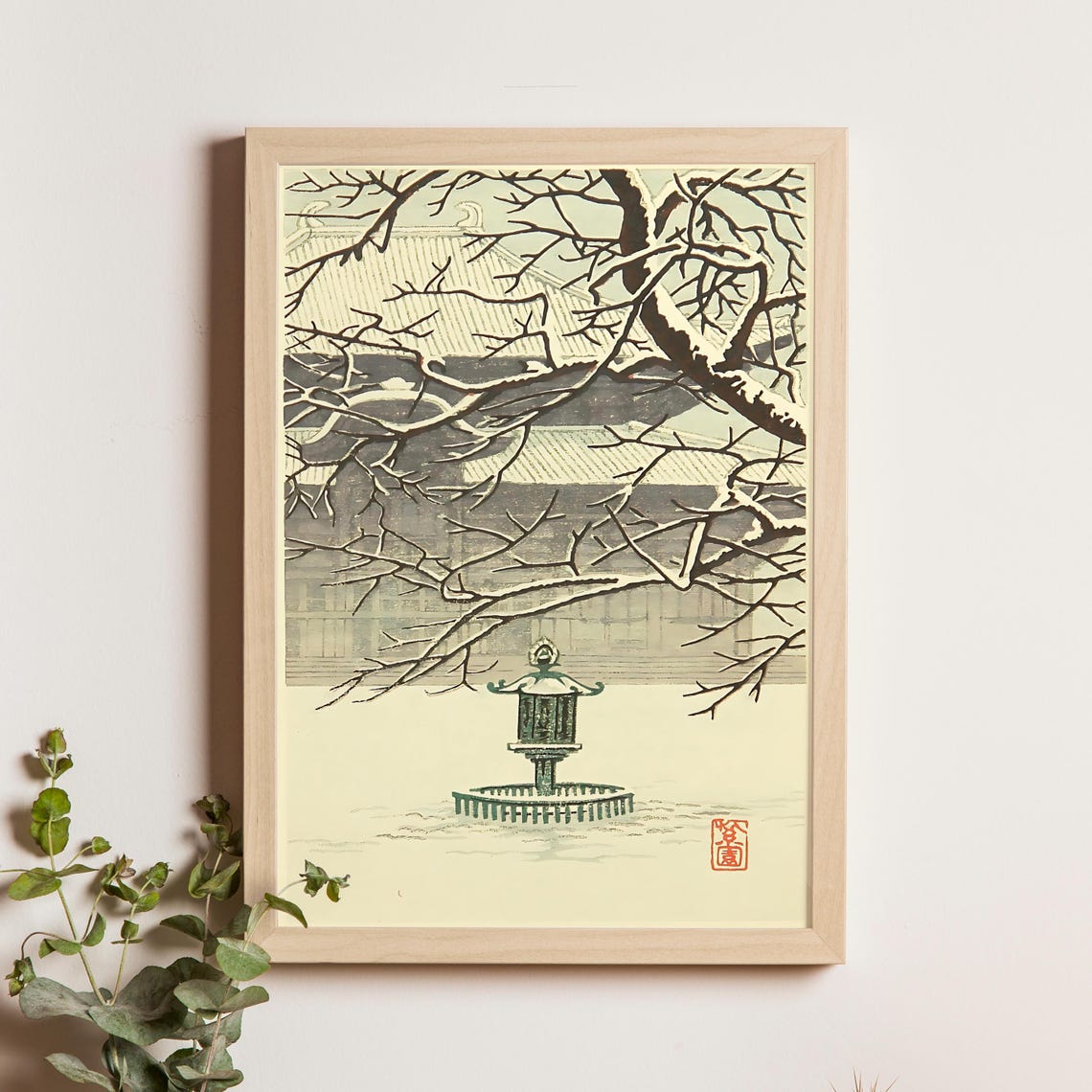 Lantern in Snow Winter Temple Garden Japanese Woodblock Art Poster