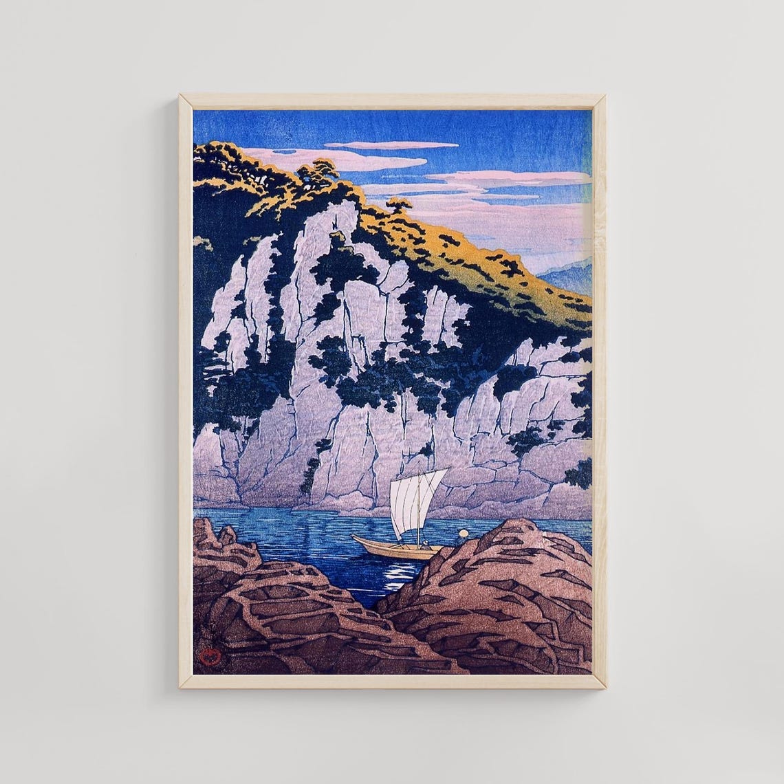 Kawase Hasui Horai Rock Kiso River Cliff Sailboat Woodblock Poster