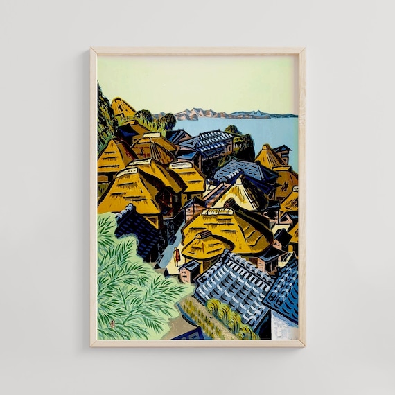 Colorful Fishing Village Coastal Japan Bold Woodblock Art Poster