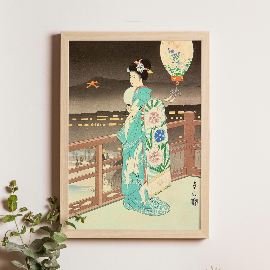 Kyoto Summer Bonfire Festival Night Maiko Sadanobu Art Poster