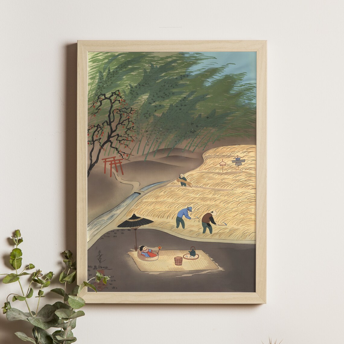 Rice Harvest Field Workers Ohno Bakufu 1950 Japanese Woodblock Poster