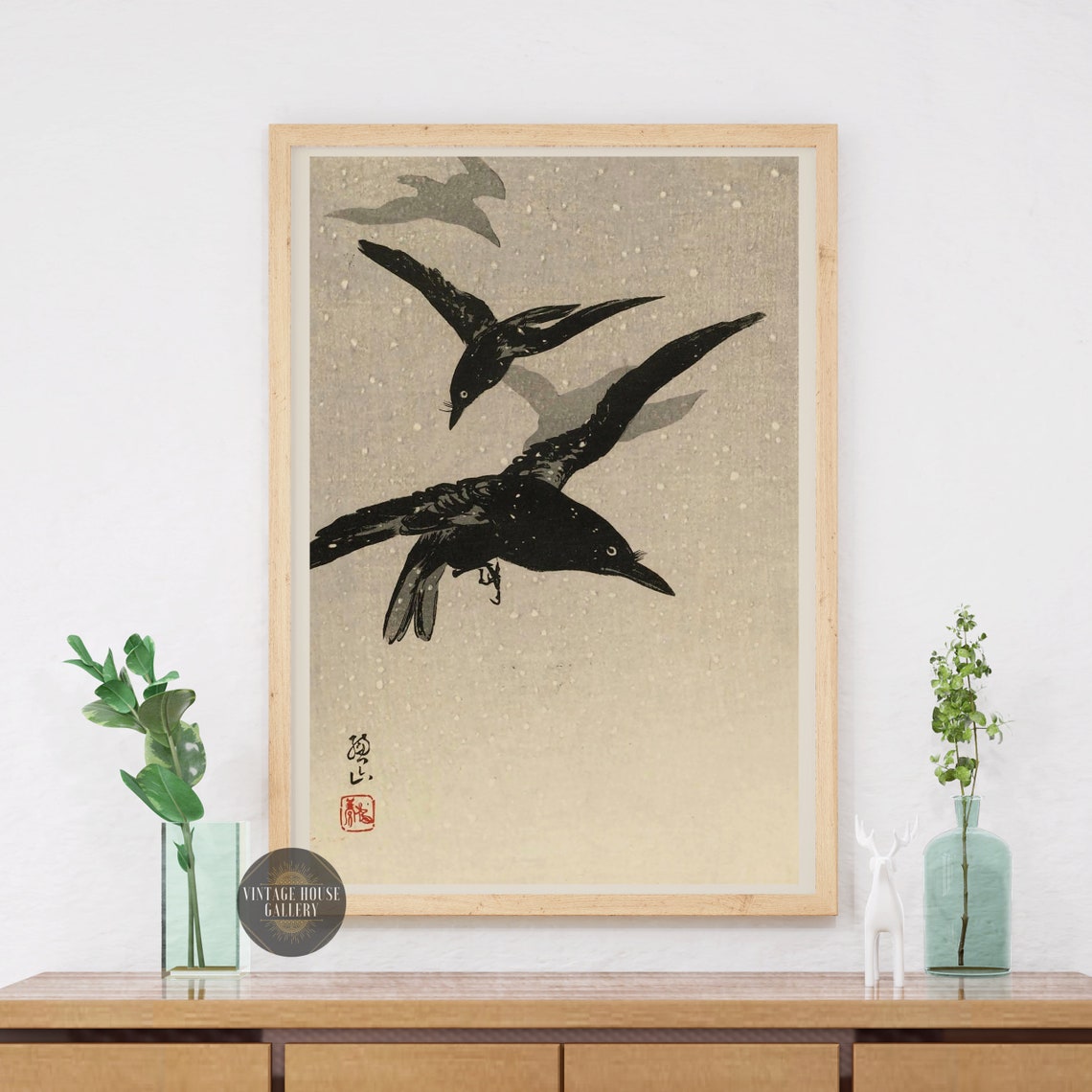 Crows Flying Through Falling Snow Vintage Japanese Woodblock Poster