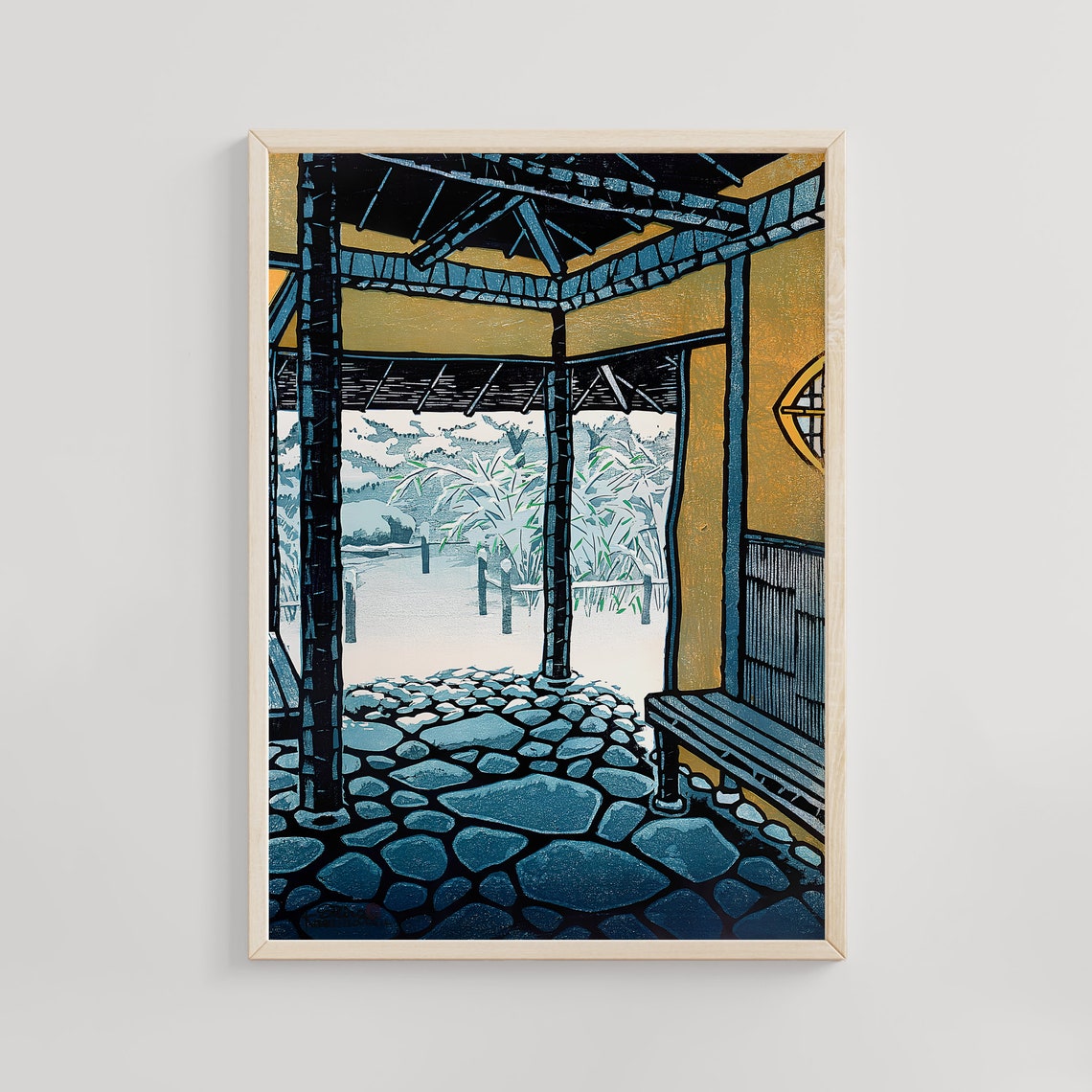 Japanese Temple Veranda Snow Garden View Winter Woodblock Poster