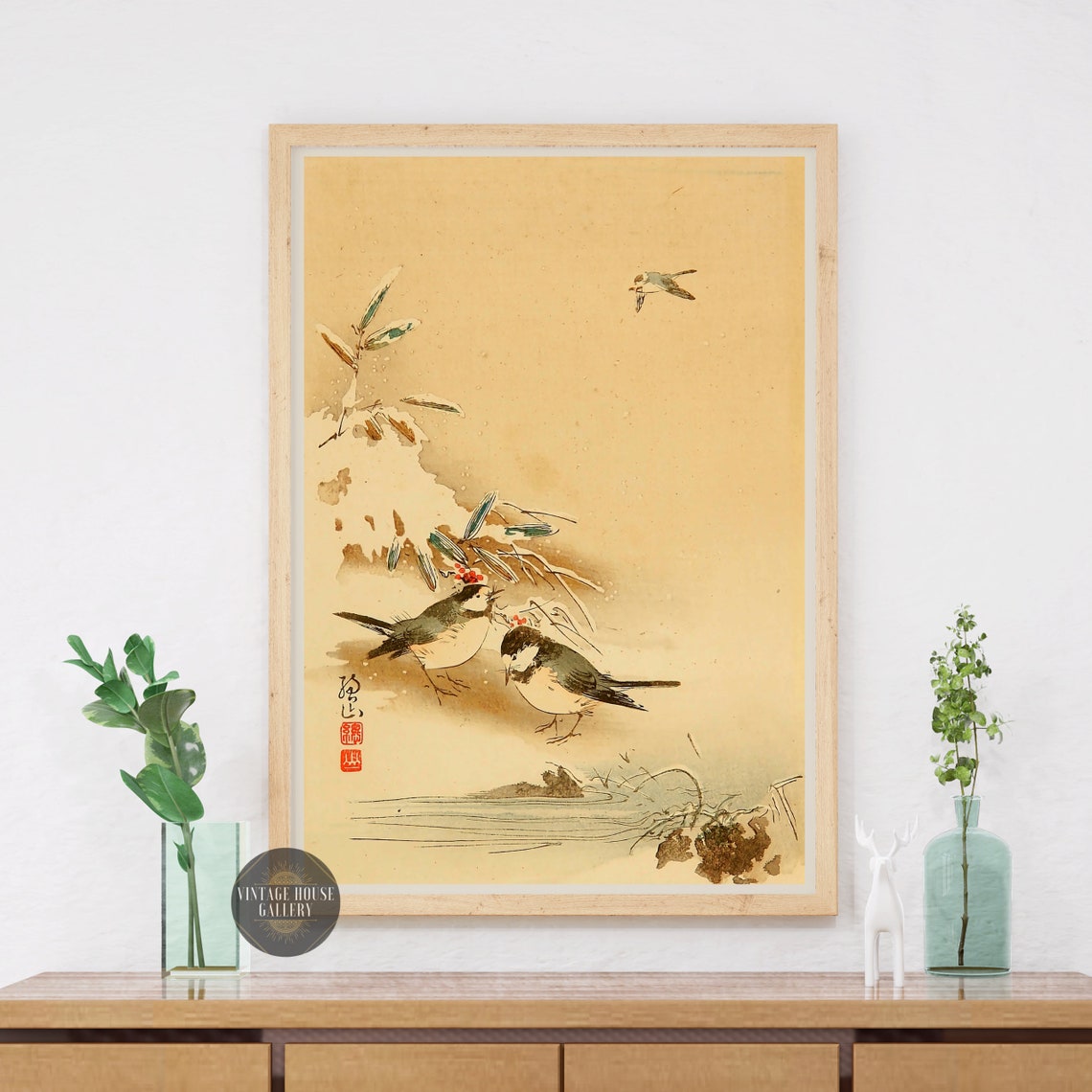 Two Small Birds on Snowy Bamboo Winter Japanese Woodblock Poster