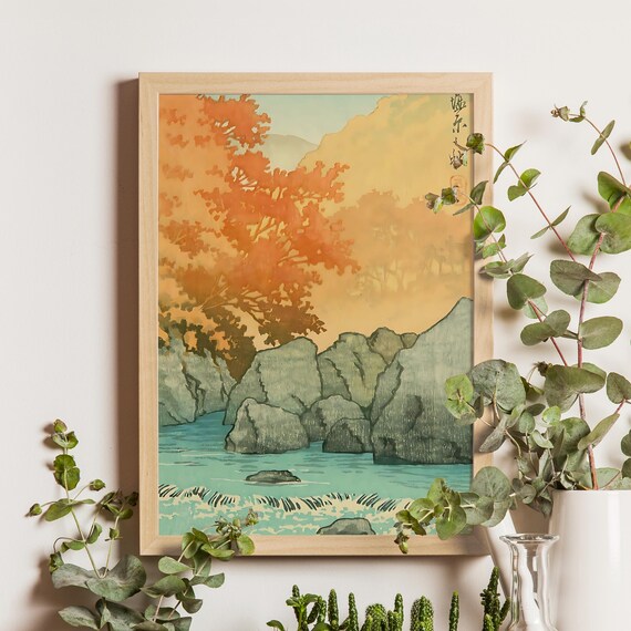 Kawase Hasui Autumn River Gorge With Rocky Cliffs and Fall Color Poster