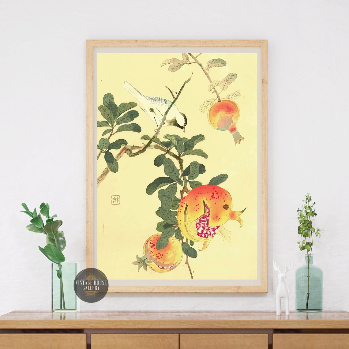 Pomegranate Branch Songbird Suiko Fukuda Japanese Woodblock Poster