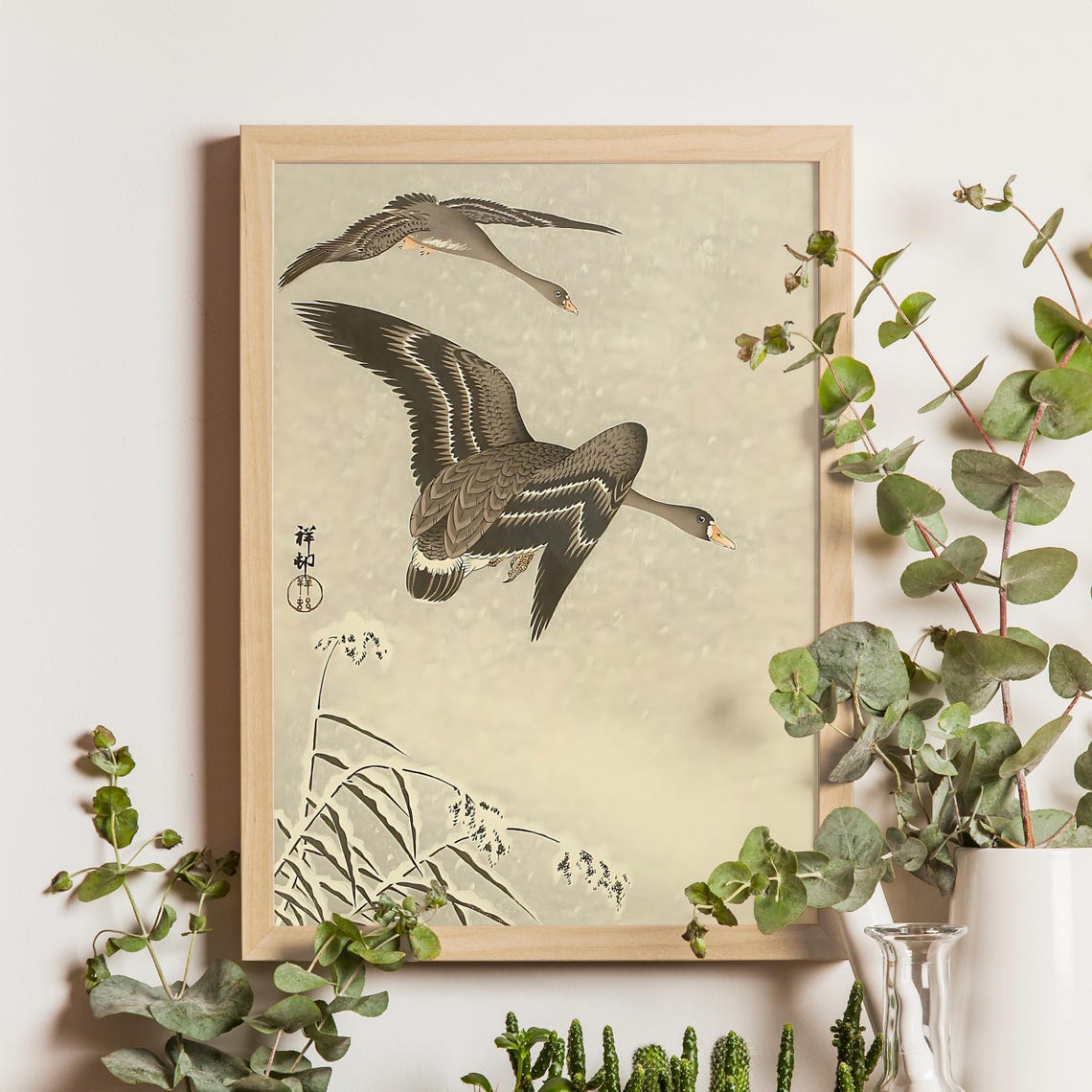 Two Geese Descending in Falling Snow Japanese Woodblock Poster