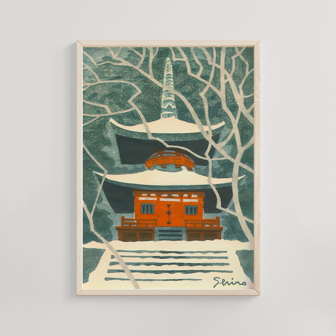 Two Storey Red Pagoda in Winter Shiro Kasamatsu Woodblock Poster