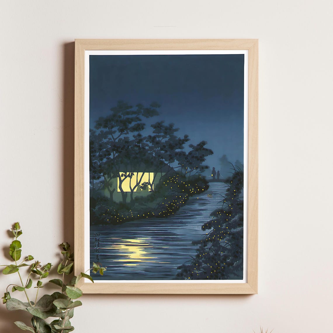 Fireflies Over Night Stream with Lit Cottage Window Woodblock Poster