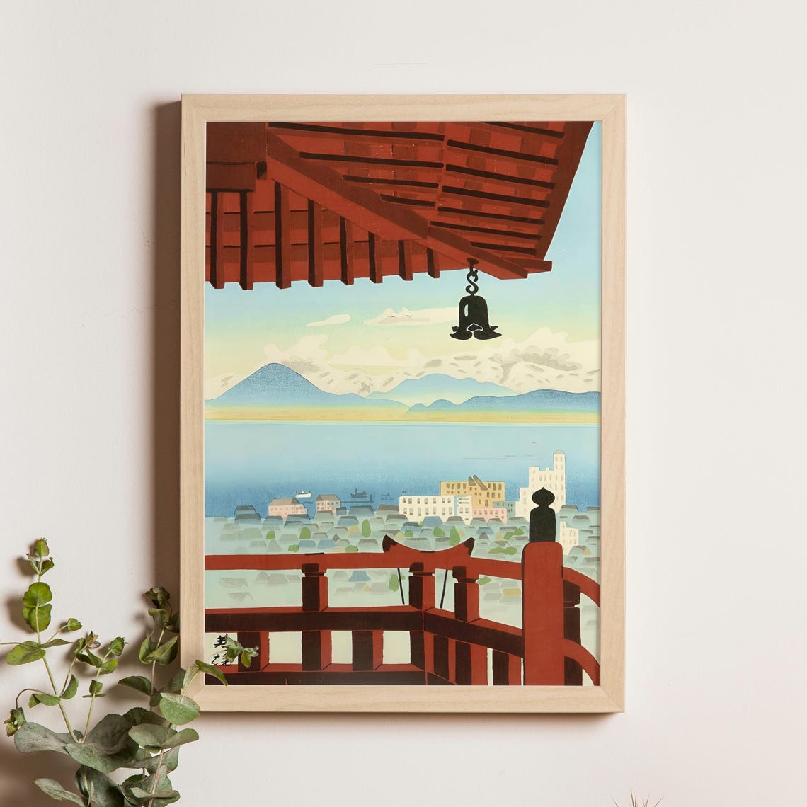 View of Mount Fuji from Temple Balcony Overlooking Coastal Town Print