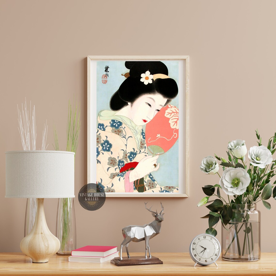 Shy Beauty with Red Fan Nakayama Shuko Japanese Bijin-ga Poster
