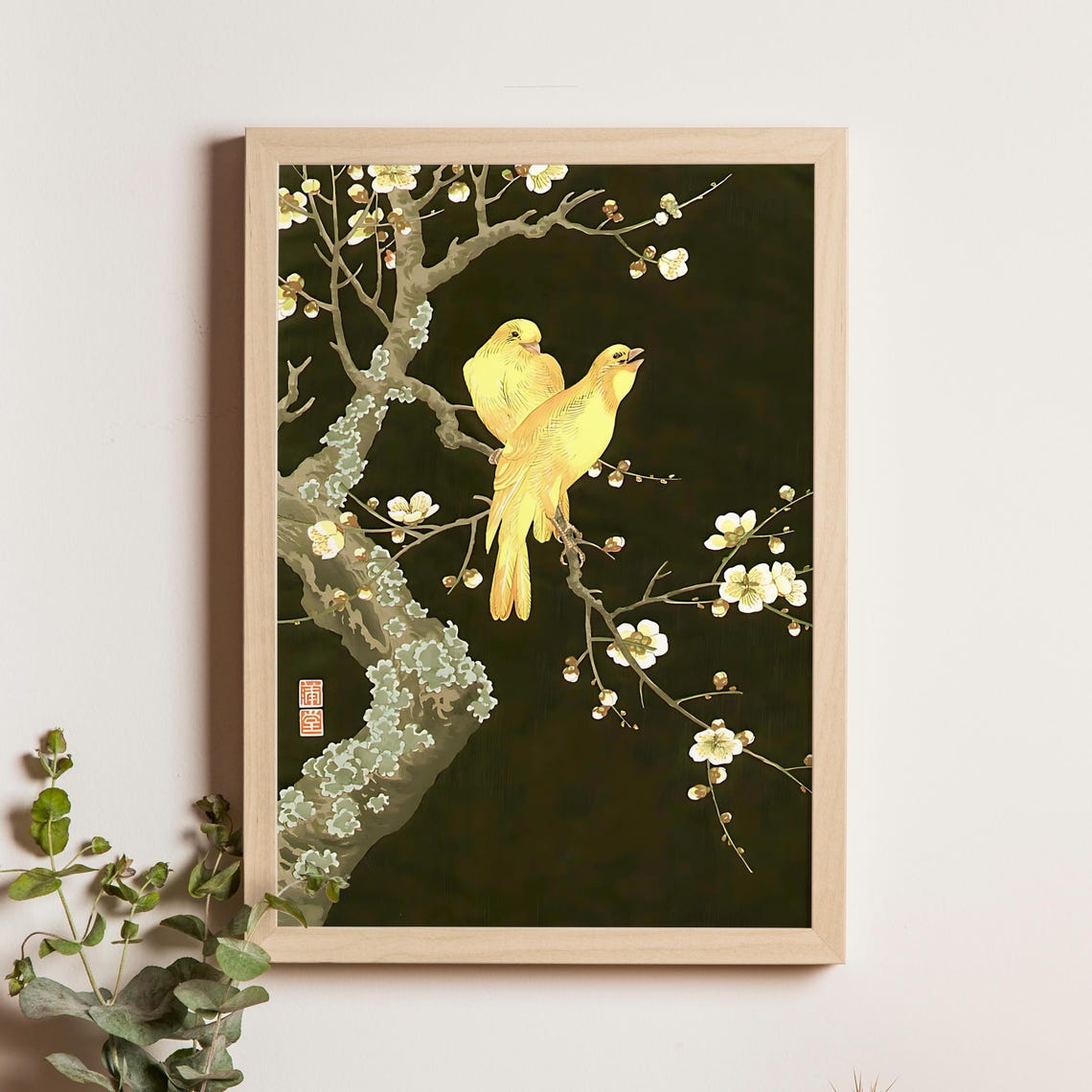 Nishimura Hodo Canaries On Blossoming Plum Branch Vintage Bird Poster