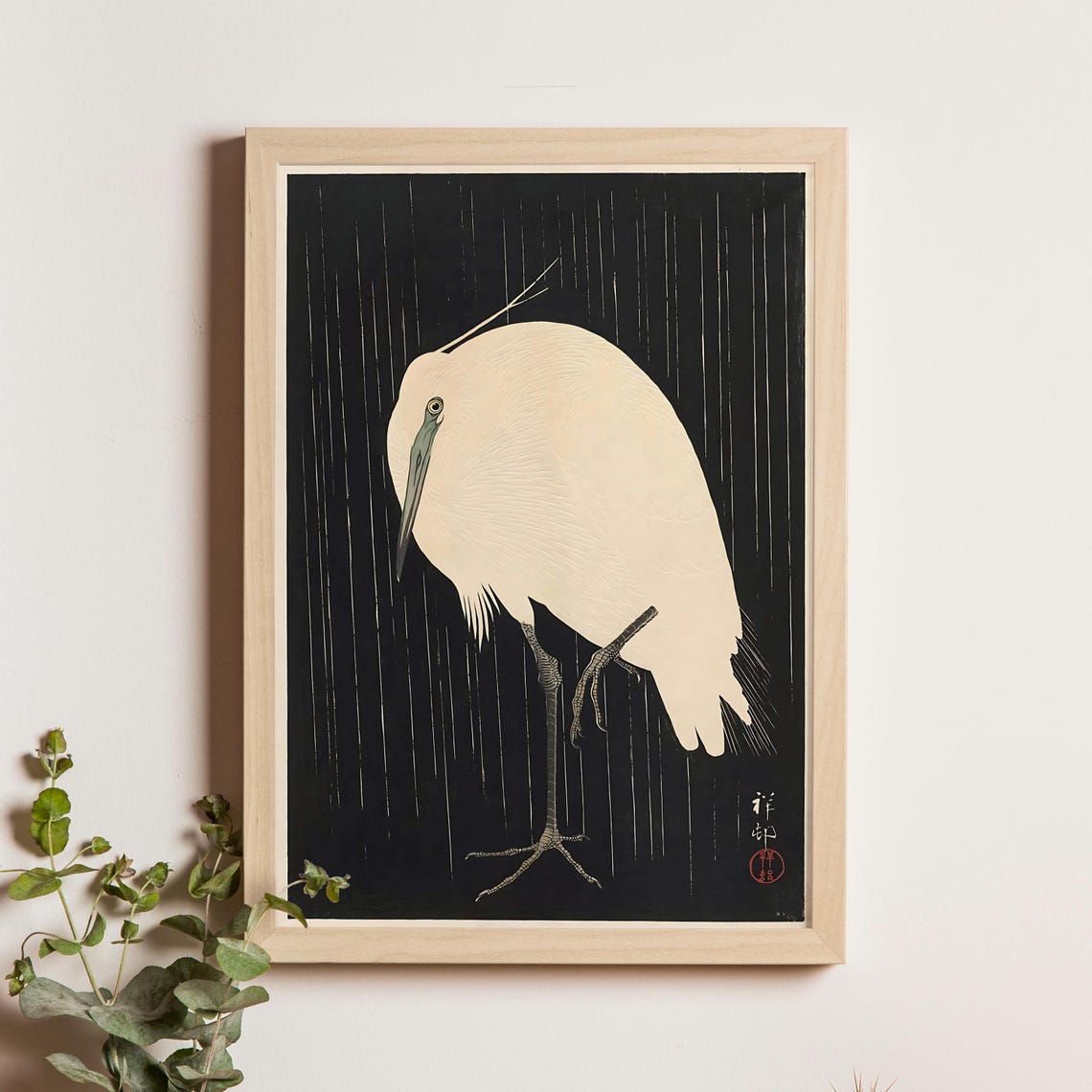 White Egret Standing in Night Rain Japanese Woodblock Poster